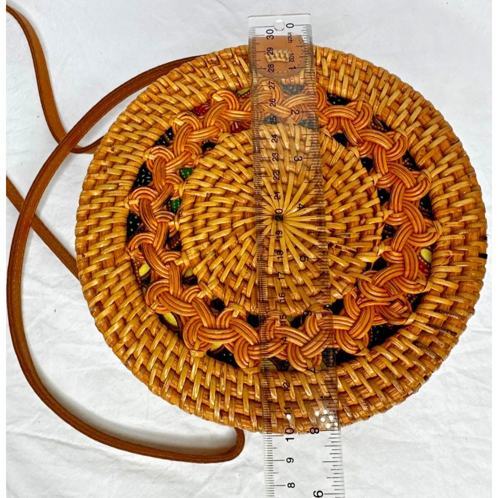 Round Wicker Woven Crossbody Bali Bag purse Baik fabric lining Purse - Picture 10 of 16